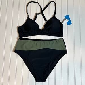 Cupshe Womens 2 Piece Swimsuit Black Olive High Waisted Bikini Large Twist Top